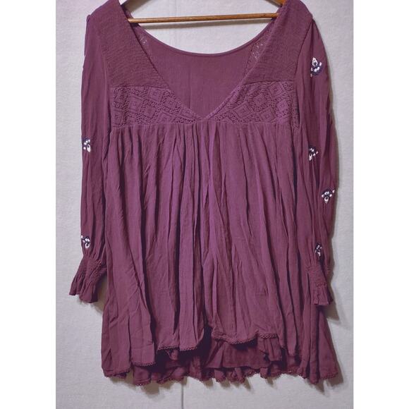 Free People Boho Tunic Top M Burgundy Embroidered Long Sleeve Peasant Blouse - Picture 4 of 10